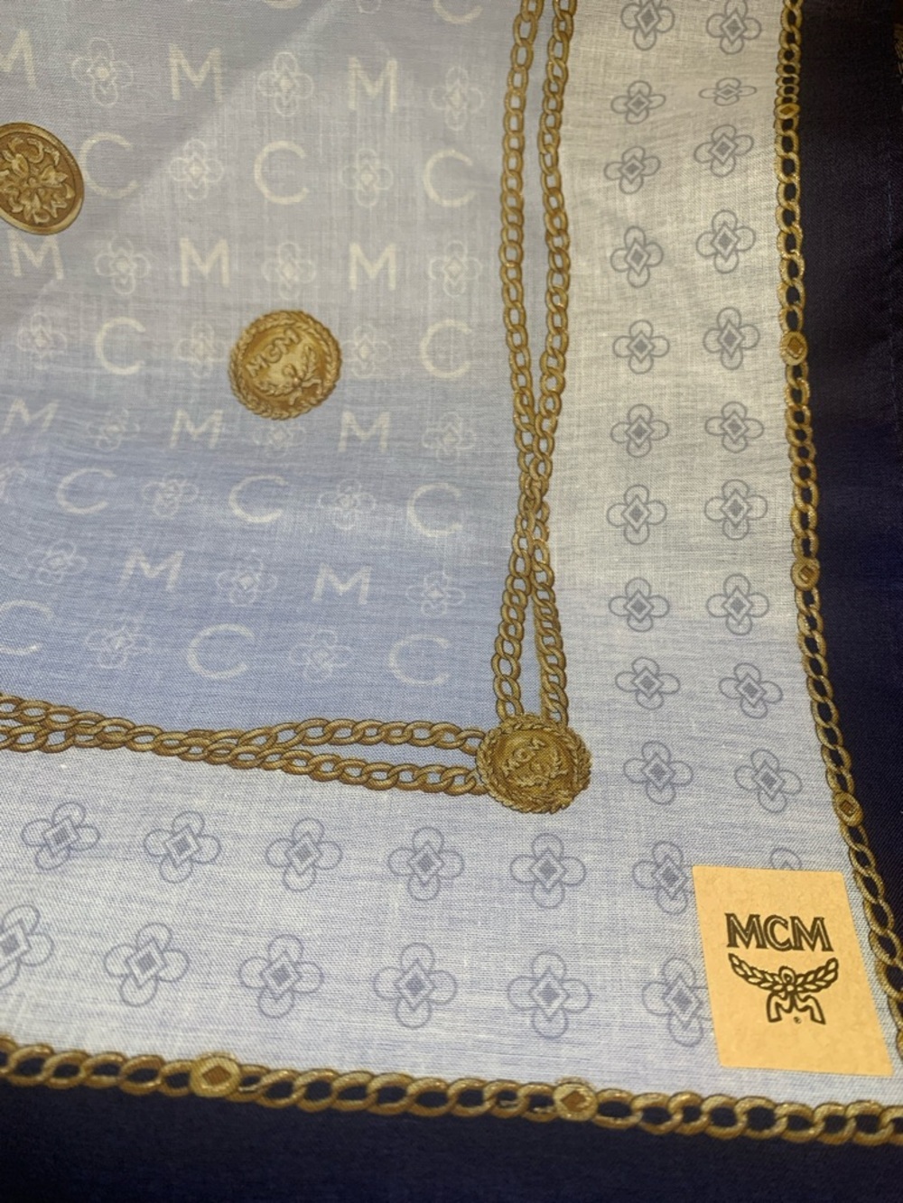 MCM Light Blue and Gold Chain Motif Mini Scarf